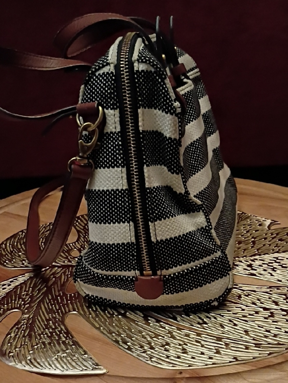 Fossil Black and White Striped Satchel with Brown Leather Trim and Pink Tassel - Picture 5 of 12